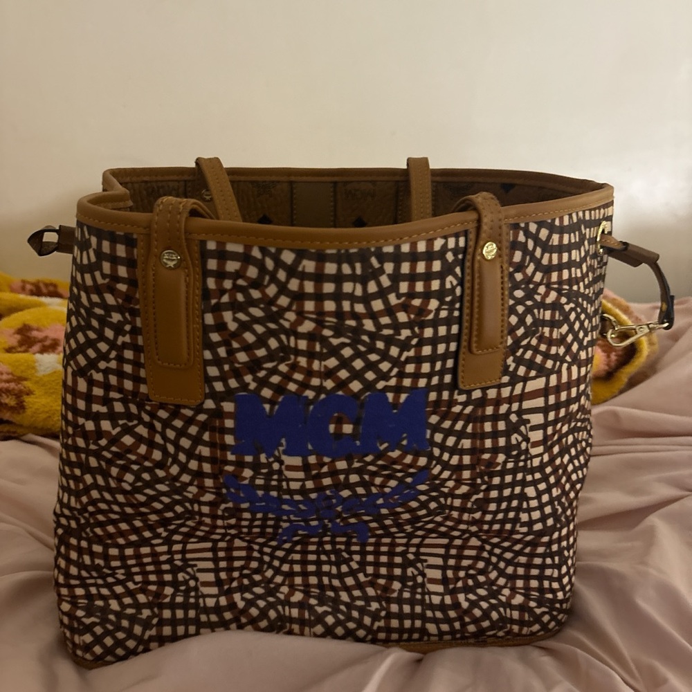MCM Tan and Blue Checkered Tote